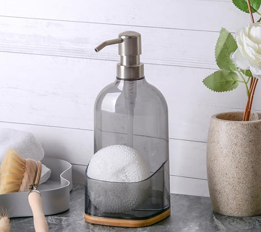 Kitchen Soap Dispenser with Sponge Holder, Refillable Acrylic Dish Soap Dispenser 17oz for Kitchen Sink and Bathroom, Anti Slip, Countertop Home Decor (Grey)