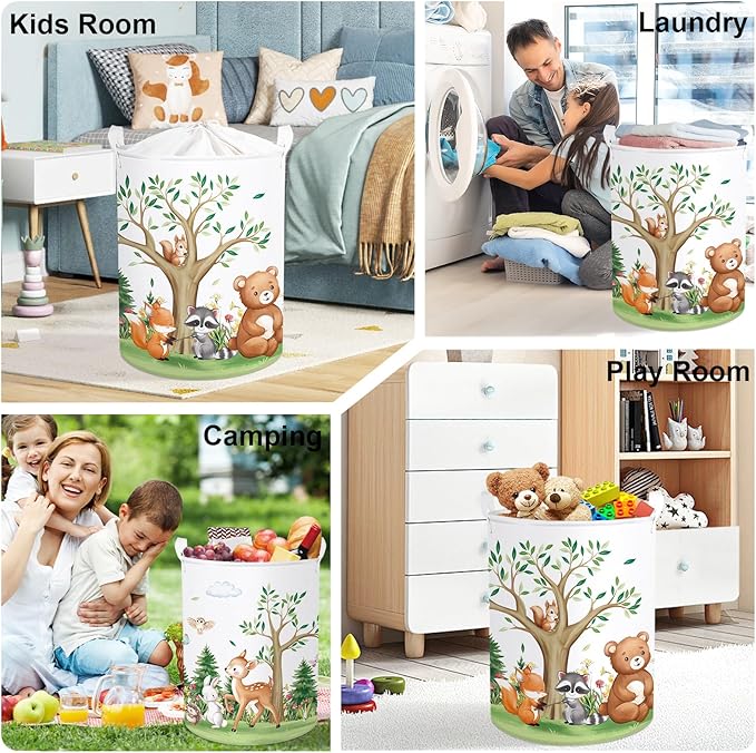 Forest Animals Laundry Hamper Woodland Tree Large Storage Basket Parents Organizer Kids Clothes Toy Bins for Bedroom, Bathroom, Bear, 63L