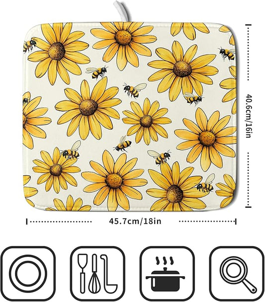 Spring Summer Sunflower Bee Dish Drying Mat of Kitchen Counter 16×18 Inch Floral Drainer Pad Flower Dish Rack Pad Drainer Mat Washable Absorbent Reversible Microfiber for Coffee Bar