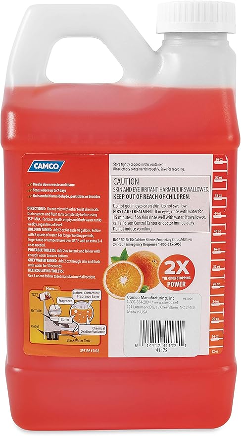 Camco TST MAX RV Toilet Treatment 64 oz. - Control Unwanted RV Sewer Odors & Break Down Waste and RV Toilet Paper - Biodegradable Septic Safe Formula - Orange Scent (41172)