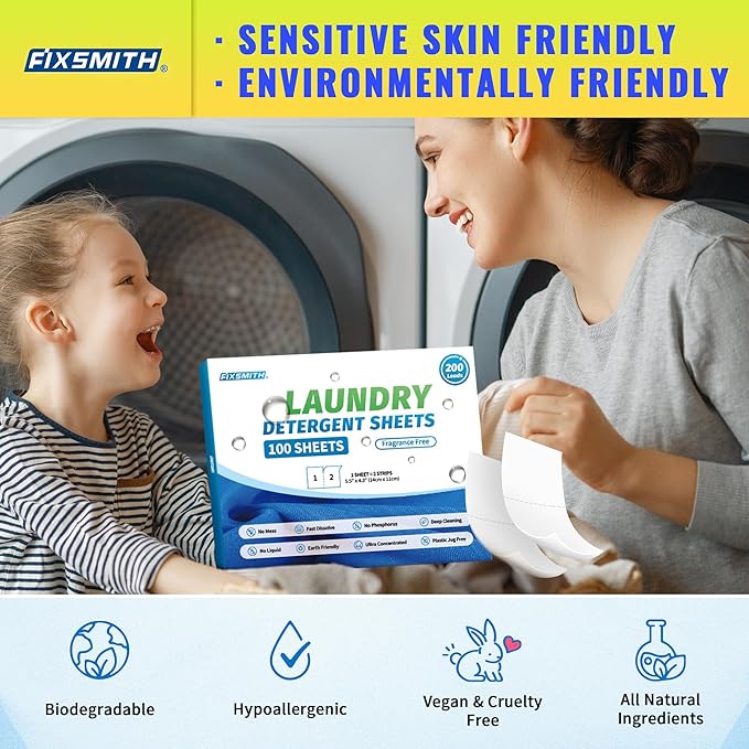 FIXSMITH Laundry Detergent Sheets - 200 Loads (100 Sheets) Fragrance Free - Hypoallergenic,Unscented,Eco Friendly Laundry Detergent Strips Concentrated Travel Detergent Sheets.Plastic-Free,Liquidless
