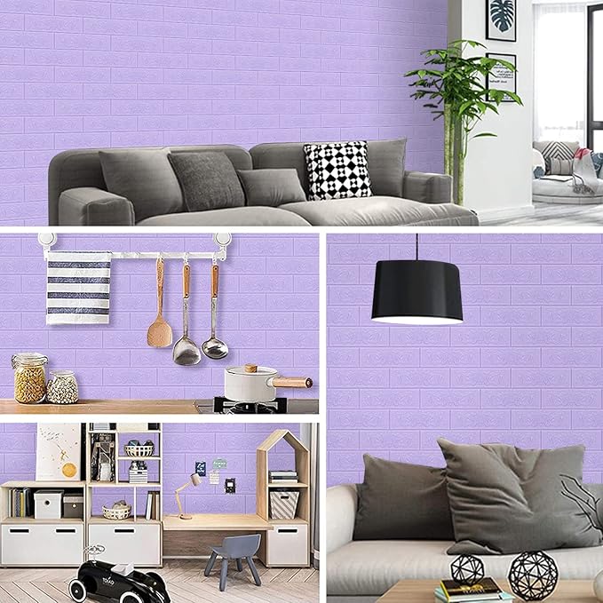 3D Wall Panels, 58 sq.feet Coverage, Printable Wallpaper Sticker with Self-Adhesive Waterproof Brick PE Foam Wall Panels Peel and Stick for Interior Wall Decor, Home Decoration 40 PCS Purple