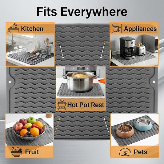 Silicone Dish Drying Mat, Easy Clean, Eco-Friendly, Heat-Resistant, Grey, Food-Grade Silicone Dish Drying Mat for Kitchen Counter, Dishes, Refrigerator or Drawer Liner (16” x 12”)