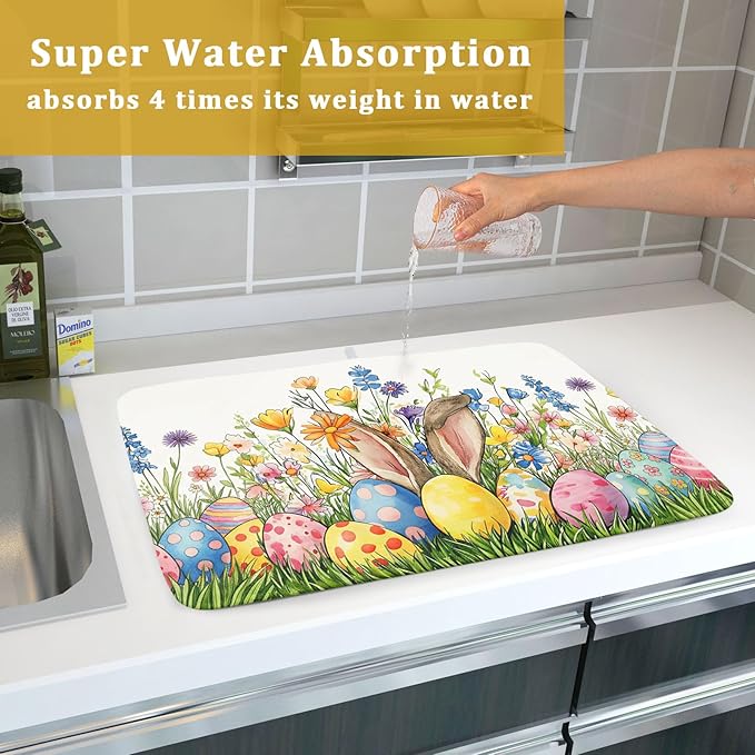 Easter Colorful Bunny Egg Flowers Dish Drying Mat 18 x 24 Inch Absorbent Reversible Microfiber Spring Butterfly Floral Rabbit Holiday Drying Mats Fast Dry Pad Draining Mat For Kitchen Countertop