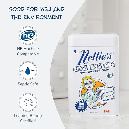 Nellie's Oxygen Brightener - 100 Scoops - Planet Friendly Stain Remover - Safe Alternative to Bleach - Septic-Safe Formula - Compact Powder Form - Made in Canada