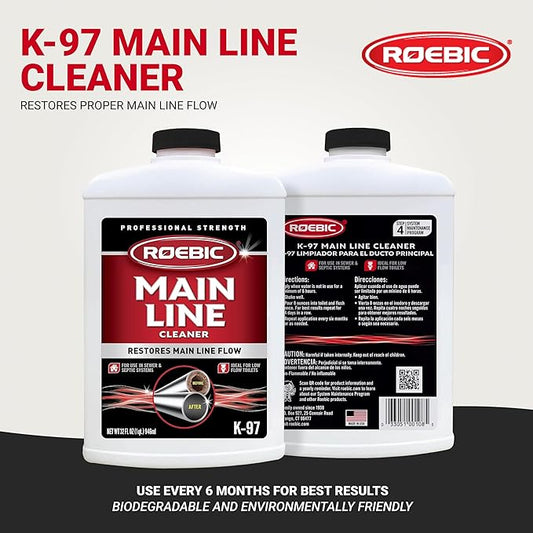 Roebic K-97 Liquid Main Line Cleaner with Bacteria Enzymes, Eliminates Organic Buildup in Sewer/Septic System and Protects from Clogs, Safe for Bathroom Toilet, 32 fl oz