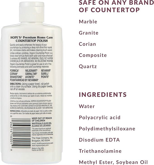 HOPE'S Countertop Restoration Polish, Streak-Free Kitchen Counter Cleaner, No Buildup on Countertops, Quartz, Marble, Corian, Composite, and Granite Polish, 8 Fl Oz, Pack of 2