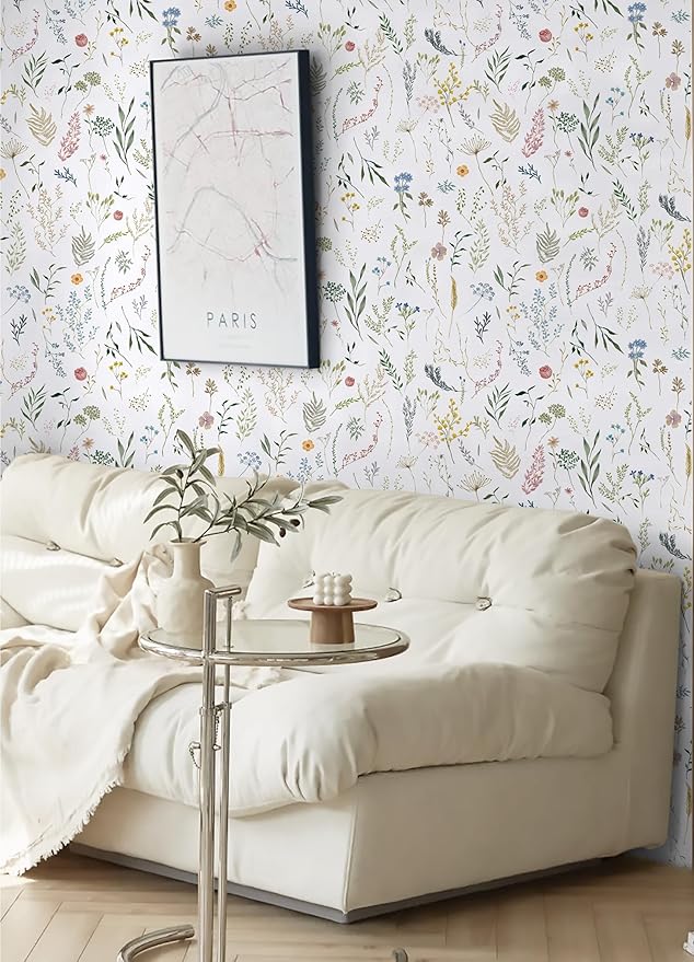 Dimoon 787"x16.1" Floral Peel and Stick Wallpaper White Contact Paper Thicken Wallpaper Delicate Flower Waterproof Green Leaf White Self Adhesive Removable Wall Paper Shelf Liner Decal Vinyl Roll