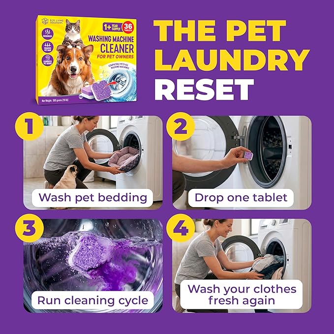 Washing Machine Cleaner Tablets for Pet Owners, 36 Pack, Front&Top Load Washer Deep Cleaning, HE & Septic Tank Safe, Remove Pet Hair, Eliminates Smells, Prevents Dander Build-up