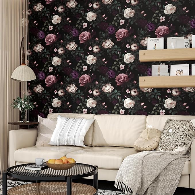 Fvlow Dark Floral Wallpaper Peel and Stick Vintage Pink Rose Contact Paper Black Floral Wallpaper Waterproof Self-Adhesive Wall Covering for Bedroom Countertop Desk Cabinet 17.4" x 118"