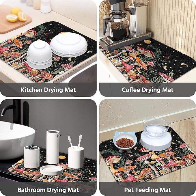 Dish Drying Mat for Kitchen Counter 16x18 Inch, Super Absorbent Dish Drainer Mat, Decorative Microfiber Dishes Drying Pad-Small(Mushroom)