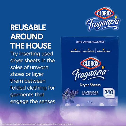 Clorox Fraganzia Fabric Softener Dryer Sheets, Wrinkle Reducing and Anti Static Laundry Dryer Sheets for Great Smelling Clothes, Softens Fabrics, Lavender with Eucalyptus Scent, 240 Count