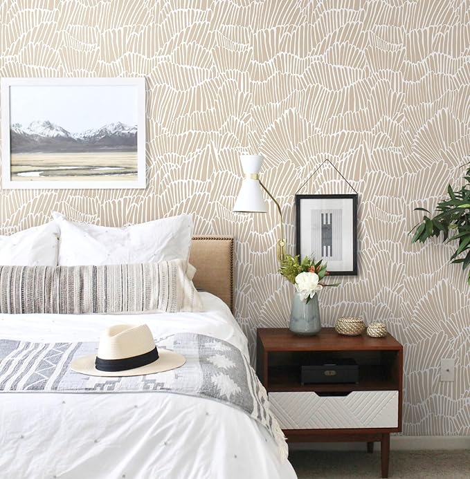 Guvana Beige Peel and Stick Wallpaper Boho Beige and White Contact Paper Modern Striped Self Adhesive Waterproof Wall Paper for Bathroom Bedroom Decor Removable Temporary Rv Wallpaper Roll 17.3"×197"