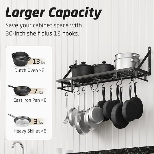 KES 30-Inch Kitchen Pan Pot Rack Wall Mounted Hanging Storage Organizer Wall Shelf with Hooks Matte Black, KUR215S75A-BK