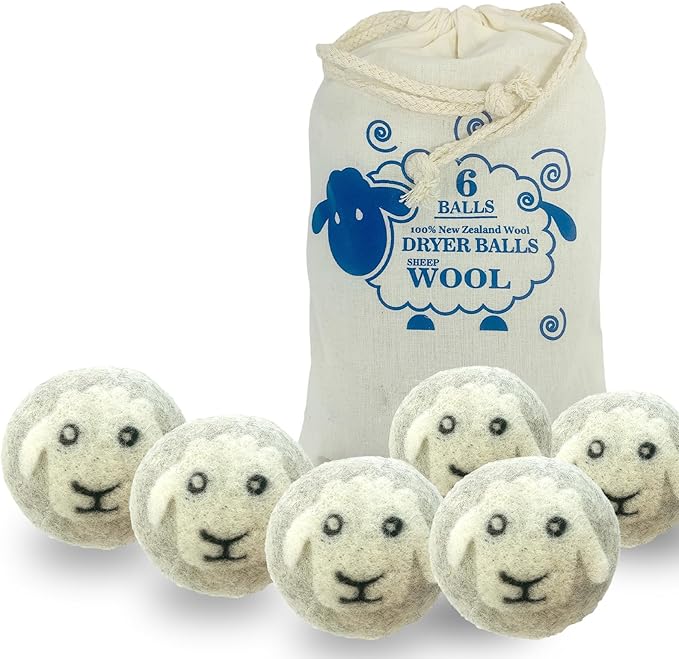 Large Size Organic Fabric Softener Balls, Wool Dryer Balls Laundry Reusable, Reduce Wrinkles & Static Cling, Shortens Drying Time (Pack of 6) (White)