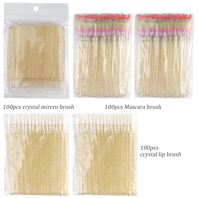 300 PCS Eyelash Extension Supplies Kit, Disposable Micro Applicator,Crystal Eyebrow Spoolie Lash Brush, Lip Gloss Brush, Mascara Wand Applicator(colorful+gold)
