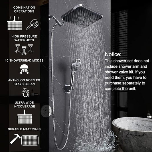 Rainfall Shower Head with Handheld, 14 Inch Rain Shower Head Combo,High Pressure Fixed Showerhead and 10 Spray Settings Handheld Shower Heads,Bathroom Accessories,Chrome