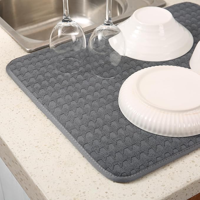 2 Pack Microfiber Dish Drying Mat for Kitchen Counter,Ultra Absorbent Dish Drainer Mat ,Dish Drying Pad , Dish Rack Mat 20×15 Inch (Dark Gray)