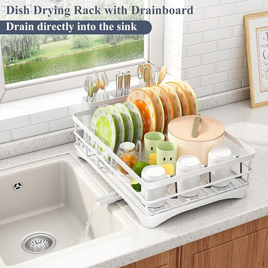 SAYZH Dish Drying Rack - Stainless Steel Dish Rack for Kitchen Counter, Large-Capacity Dish Drainer with Cutlery Holder, Kitchen Organizer for Dishes, Spoons and Forks, White