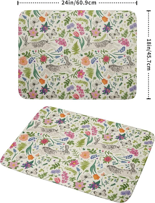Spring Easter Dish Drying Mat for Kitchen Counter 18x24 Rabbit Bunny Green Pink Floral Vintage Print Absorbent Reversible Microfiber Drying Mats Kitchen Countertop Protector Dishes Drainer Rack Pad