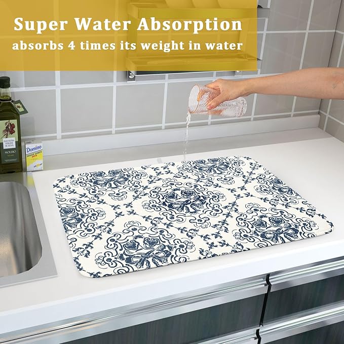 Bohemian Grey Retro Dish Drying Mat for Kitchen Counter,Boho Abstract Flower Art Drying Mat 18 x 24 Inch Microfiber Dish Drying Pad Dish Rack Pad Drainer Mat for Coffee Bar