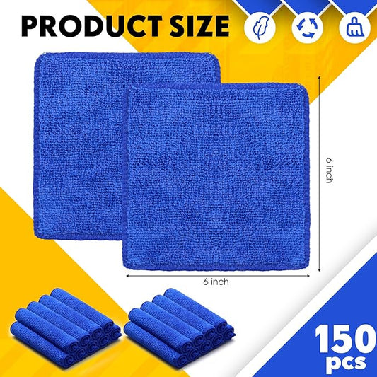Newwiee 150 Pcs Microfiber Cleaning Cloth 6"x 6" Inch Softer Highly Absorbent Reusable Cleaning Rags for Kitchen Car Glass Home(Blue)