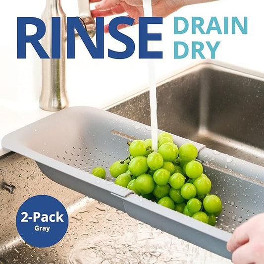 BLUE GINKGO Over the Sink Colander Strainer Basket - Wash Vegetables and Fruits, Drain Cooked Pasta and Dry Dishes - Extendable - New Home Kitchen Essentials (Grey, 2 Pack)