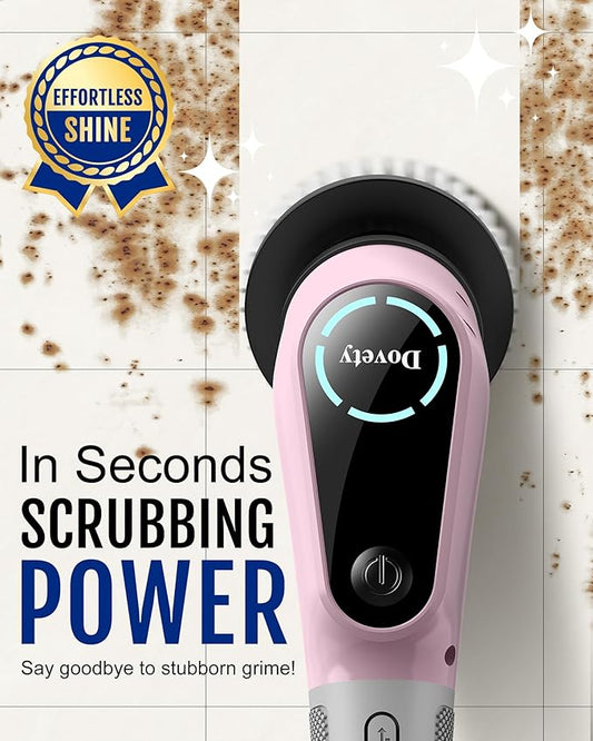 Dovety Electric Spin Scrubber, Shower Scrubber, Power Cleaner Tools with 8 Replaceable Brush Heads, Cleaning Brush with Extension Handle, 2 Adjustable Speeds, 90Mins Work Time for Home Bathtub-Pink