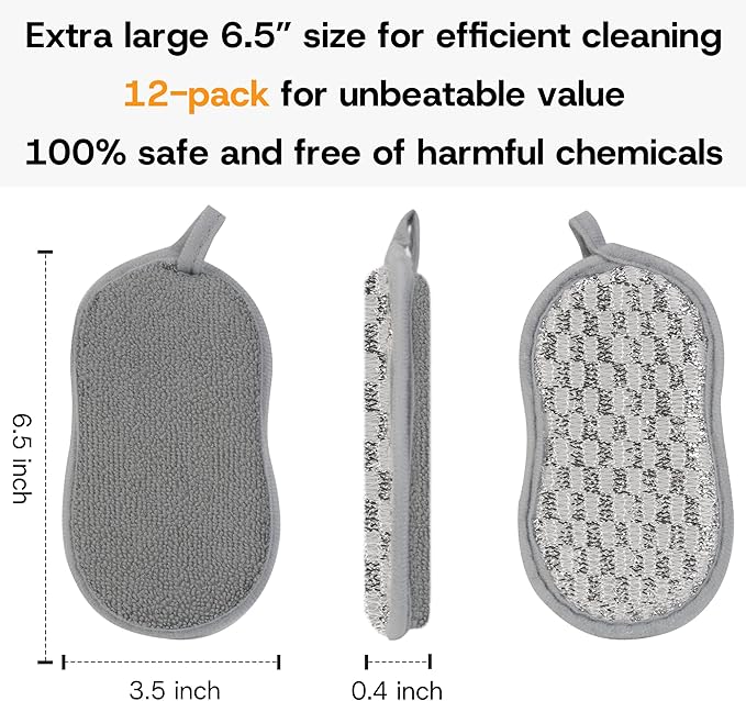 Multi-Purpose Scrub Kitchen Sponges – 12 Pack Dish Sponge, Dual-Sided Non-Scratch Microfiber & Metal Scrubber, Reusable Sponges for Dishes, Pots, Glass, Sink, Stovetop & Bathroom (Blue+Sliver)