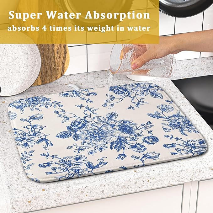 Vintage Blue Floral Dish Drying Mat for Kitchen Counter 16x18 Inch Chinoiserie Flowers Absorbent Reversible Microfiber Dish Pad Dish Drainer Rack Mats Countertops Protector Mat