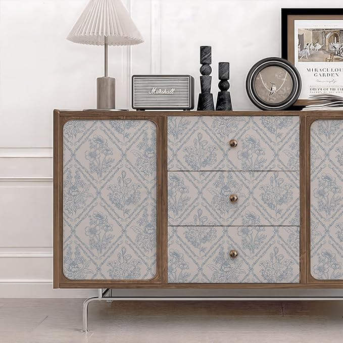 Toduso Peel and Stick Wallpaper Vintage Wall Paper Boho Contact Paper Blue Removable Wallpaper for Kitchen Bathroom Bedroom Floral Waterproof Self Adhesive Vinyl Drawer Decor 17.3"x393.7"