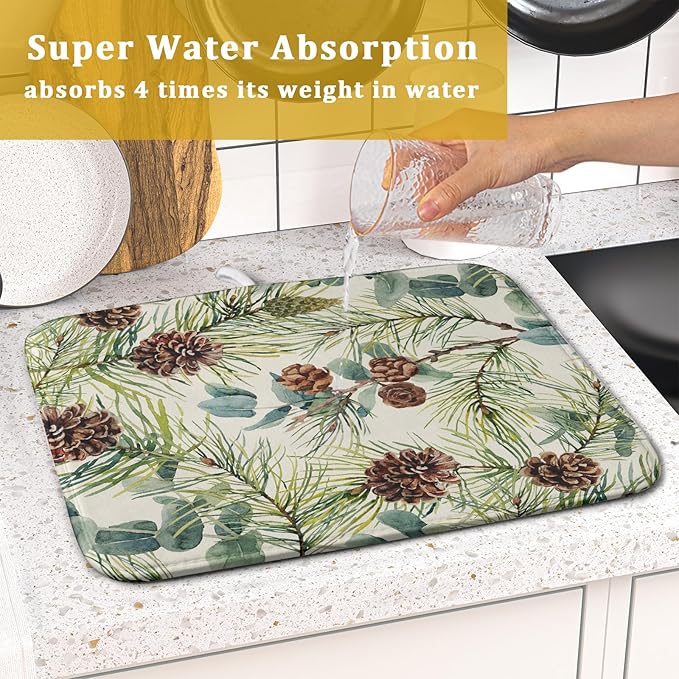 Winter Dish Drying Mat for Kitchen Counter 16x18 Christmas Evergreen Leaves Pinecone Holiday Theme Absorbent Reversible Microfiber Drying Mats Kitchen Countertop Protector Dishes Drainer Pad