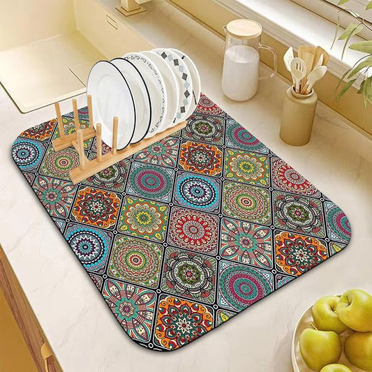 Dish Drying Mat for Kitchen Counter 16x18 Inch, Super Absorbent Dish Drainer Mat, Decorative Microfiber Dishes Drying Pad-Small(Plaid Boho)