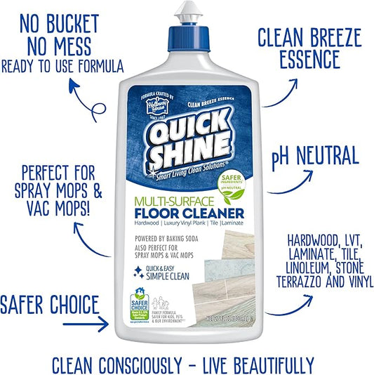 Quick Shine Multi Surface Floor Cleaner 27oz, 2Pk | Ready to Use-Streak Free- No Rinse | Use on Hardwood, Laminate, Luxury Vinyl Plank & Stone | Use in Spray Mops & Vac Mops | Safer Choice Cleaner