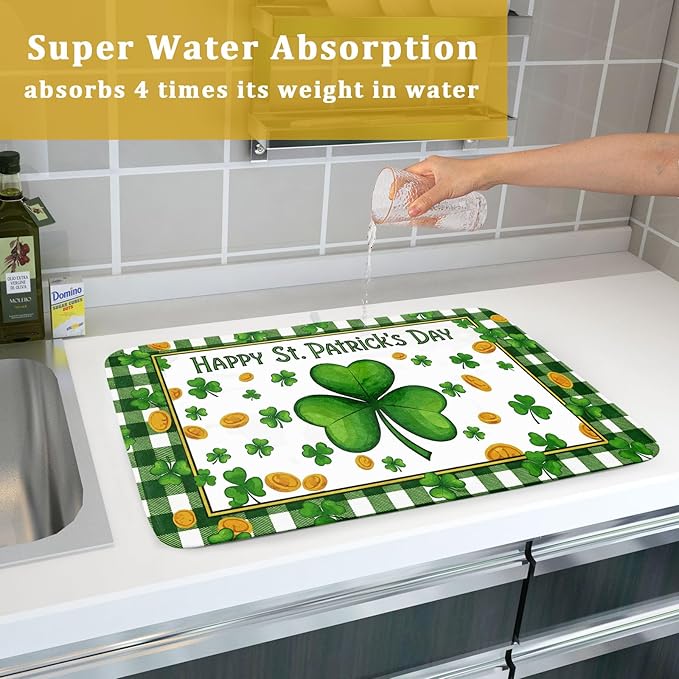 Happy St. Patrick's Day Green Dish Drying Mat 18 x 24 Inch With Absorbent Reversible Microfiber Lucky Clover Shamrock Buffalo Check Plaid Drying Spring Dish Drainer Mat Fast Dry For Kitchen