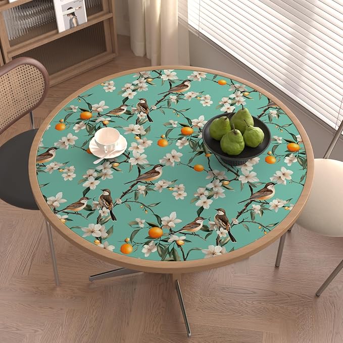 Teal White Bird Floral Wallpaper Peel and Stick, Fresh Orange Tree Contact Paper, Self Adhesive Removable Retro Flower Wall Mural Wall Paper for Room Walls Shelves Cabinet Table Decor 17.5" x 118"