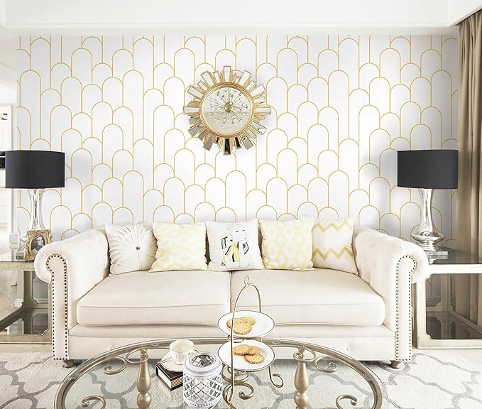 Yasinet Peel and Stick Wallpaper White and Gold Wallpaper Modern Geometric Contact Paper White/Gold Stripe Self Adhesive Wall Paper Decorative for Wall Bedroom 17.3''x393.7''