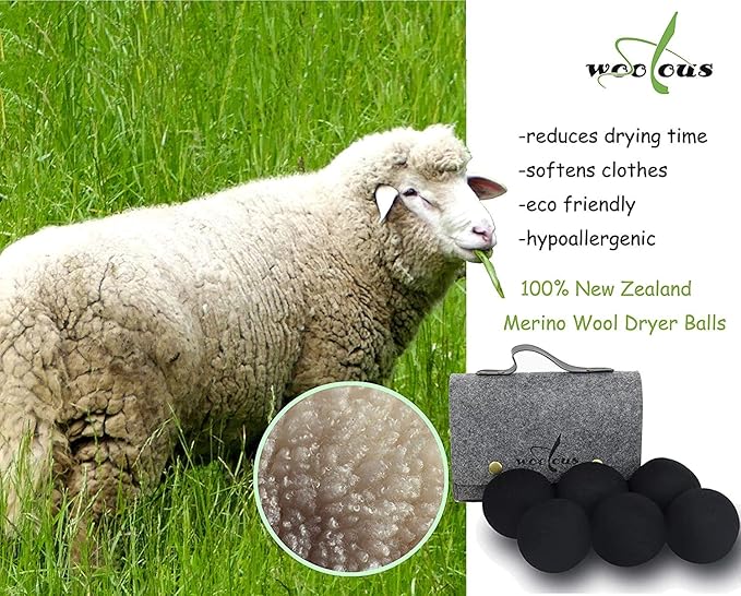 Woolous Black Dryer Balls, Natural Reusable New Zealand Eco Sheep Handmade XL Organic Wool Laundry Dryer Balls(XL,6pack)