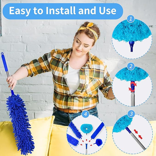 6-in-1 Duster for Cleaning Kit, Extendable Duster with Stainless Steel Pole - Microfiber, Ceiling Fan Cleaner Dusters and Chenille Dusters, Bendable Cobweb Removers for High Ceilings, Fans, Blinds