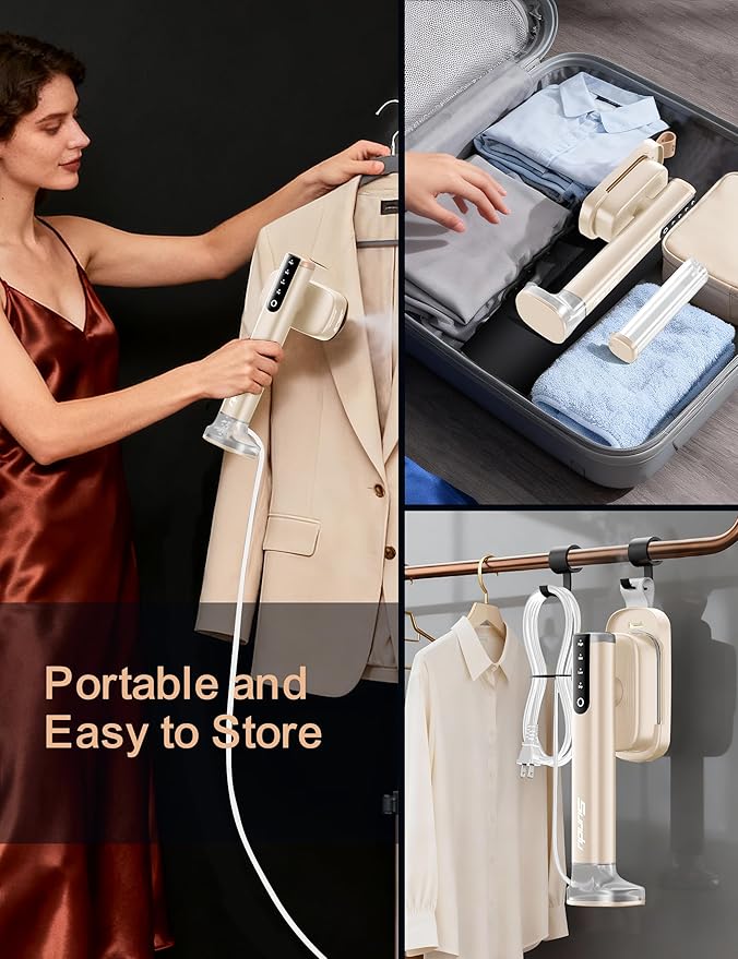 Travel Steamer for Clothes,Sundu Portable Handheld Garment Steamer,15s Fast Heat-up,2 Water Tanks (180 ml and 100 ml),Steamer Ironing Gloves,45 Minutes of Continuous Ironing for Travel,Home(Pale Gold)