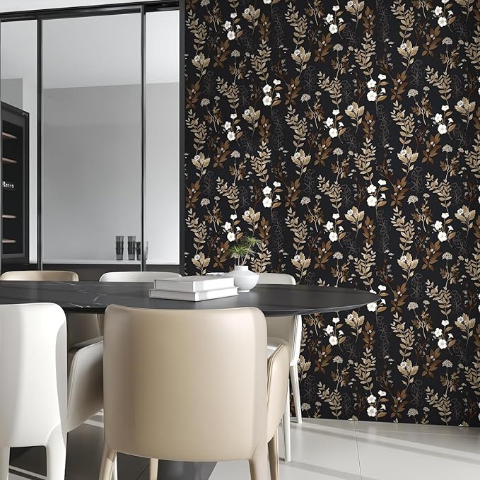 Fvlow Vintage Black Floral Self Adhesive Shelf Liner Wallpaper 17.4" x 78", Retro Brown Gold Leaf Design Wall Paper Contact Paper Waterproof Wall Covering for Countertop Desk Cabinets Drawer Liner