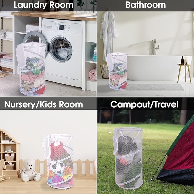 BATTOO Collapsible Laundry Basket with Lid Foldable Mesh Pop Up Hamper with Handles for Laundry Room, Bathroom, Kids Room, College Dorm, Travel, Storage Organizer White