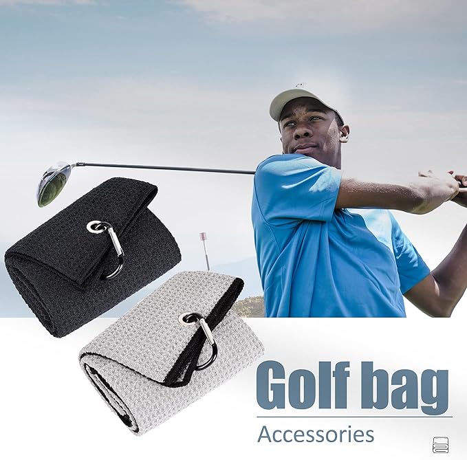Mile High Life Tri-fold Golf Towel | 16" X 24" | Premium Microfiber Fabric | Waffle Pattern | with Heavy Duty Carabiner Clip | for Men and Women (Black & Gray)
