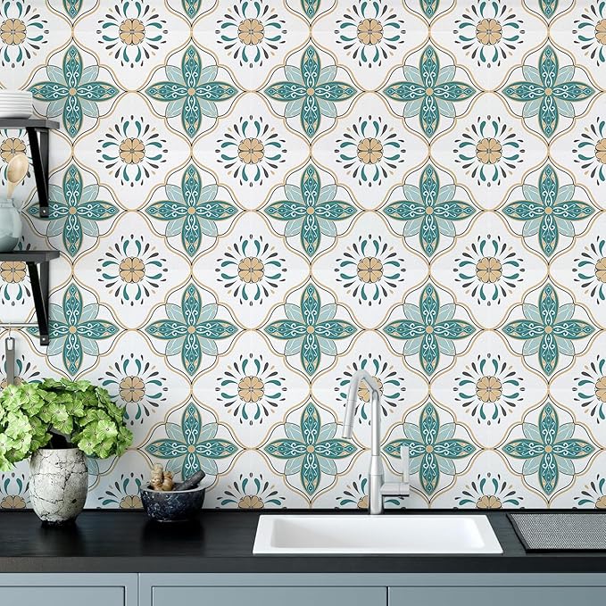 AM AMAONM 10pcs 20x20cm Removable Square Vintage Floral Pattern Tile Stickers 3D Decorative Peel and Stick Vinyl Self Adhesive Wall Tiles Decor Decals for Kitchen Backsplash Bathroom Furniture (C)
