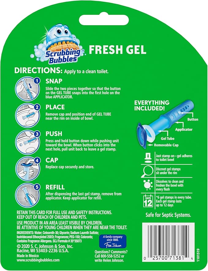 Scrubbing Bubbles Fresh Gel Toilet Bowl Cleaning Stamps, Automatic & Continuous Bathroom Toilet Cleaner Helps Prevent Limescale & Rings, Rainshower Scent, 1 Dispenser with 6 Stamps (6 Count)