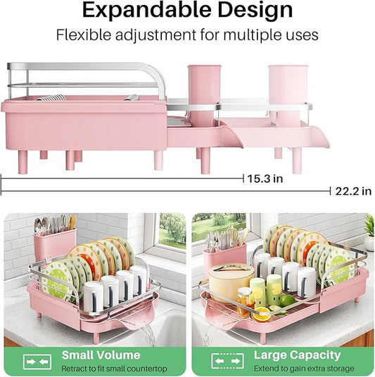 SAYZH Dish Drying Rack - Expandable Dish Rack for Kitchen Counter, Rust-Resistant Dish Drainer with Utensil Holder and Raised Guardrail, Kitchen Organizer for Cup and Bottle (Pink)