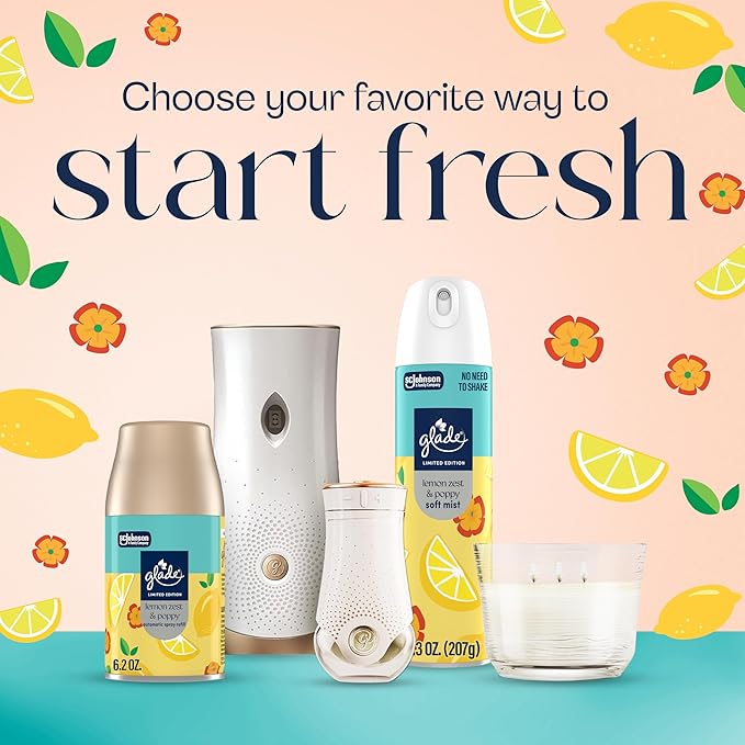 Glade PlugIns Refills Air Freshener, Lemon Zest & Poppy, Scented and Essential Oils for Home and Bathroom, 0.67 Fl Oz, 5 Count