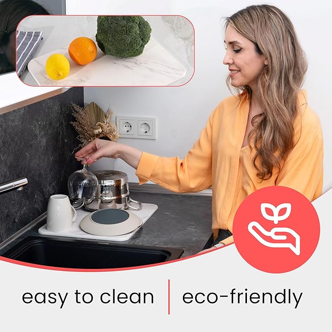 Stone Drying Mat for Kitchen Counter – Diatomaceous Earth Dish Drying Stone (White Marble) – Modern Countertop Drying Rack – Water Absorbent, Heat Resistant, Non-Slip Kitchen Mat with Towel (16"x12")