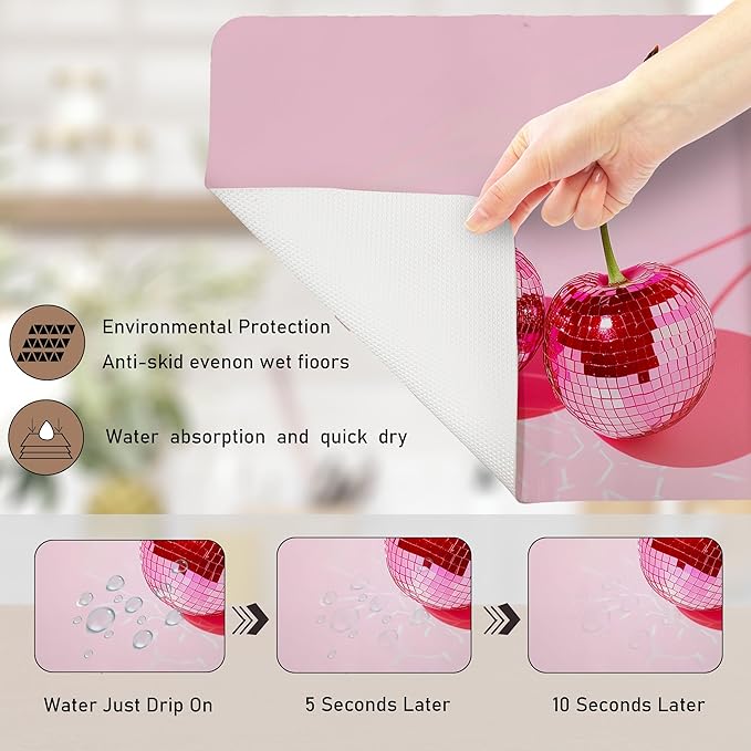 Pink Cherry Disco Ball Dish Drying Mat, Preppy Glam Cherries Coffee Bar Mat for Countertops, Pink Y2K Disco Absorbent Dish Drying Mats for Kitchen Counter Coffee Maker, 16x24 Inch