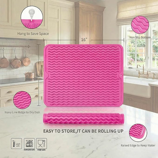 MicoYang Silicone Dish Drying Mat for Multiple Usage,Easy clean,Eco-friendly,Heat-resistant Silicone Mat for Kitchen Counter or Sink,Refrigerator or drawer liner Rose L 16 inches x 12 inches